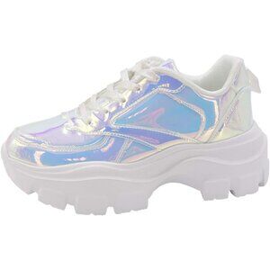 Lucky Step Women's White Hologram Platform Dad Casual Lace Up Walking Sneakers